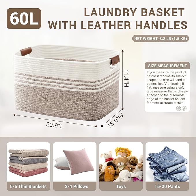 60L Large Laundry Basket with Leather Handles for Living Room Storage, Woven Rope Baskets Bin for Blanket, Kids Toy, Gifts, Wicker Hamper for Bedroom Dirty Clothes, White Brown