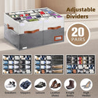 Supowin Shoe Organizer for Closet, Foldable Shoe Storage Bins with Lid & Adjustable Dividers, Fabric Shoe Box Storage Containers with Four Reinforced Handles, Fits 20 Pairs, 1 Pack, Grey