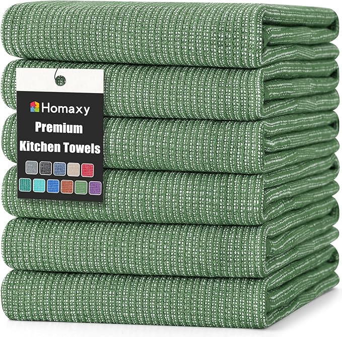 Homaxy Premium Kitchen Towels(18”x 28”, 6 Pack), Large Cotton Kitchen Hand Towels, Flat and Terry Dish Towels, 380 GSM Highly Absorbent Tea Towel Set with Hanging Loop, Grass Green