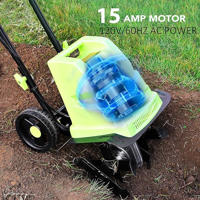 12 Inch Small Electric Corded Garden Tiller Cultivator 15 AMP Power Rototiller for Gardening with Adjustable Wheels