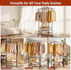 Clothes Rack with 3-Level Height Adjustment - Double Rod Extendable Hanging Rails with Wooden Finials, Luxury 2-Tier Metal Storage Shelves - Sturdy Wardrobe Rack for Closet, Bedroom or Laundry
