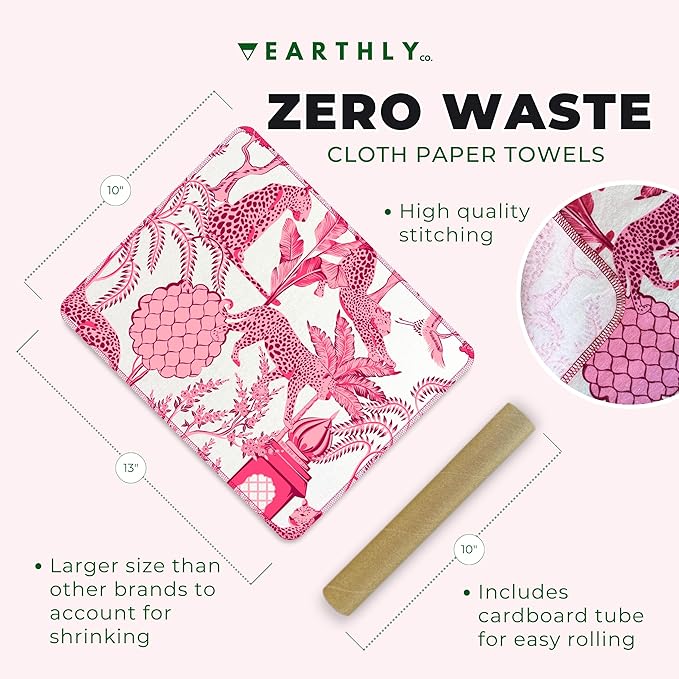 Reusable Paper Towels - 10 Pack - Roll of Washable Cotton Cloth Paper Towels - Paperless Reusable Napkins Cloth Washable - Absorbent + Long Lasting - Zero Waste Products - (Rosé Safari)