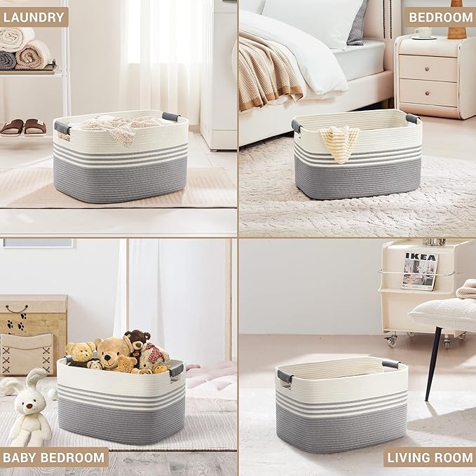 60L Large Laundry Basket with Leather Handles for Living Room Storage, Woven Rope Baskets Bin for Blanket, Kids Toy, Gifts, Wicker Hamper for Bedroom Dirty Clothes, 21"x15"x11" White Grey