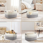 72L Large Laundry Basket with Leather Handles for Living Room Storage, Woven Rope Baskets Bin for Blanket, Kids Toy, Gifts, Wicker Hamper for Bedroom Dirty Clothes, 22"x17"x12" White Grey