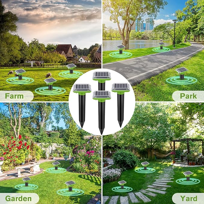 Solar Mole Repellent, Ultrasonic Gopher Repeller Outdoor, Solar Powered Waterproof Snake Repellent Deterrent Gopher Vole Snake Pest and Other Animals from Lawn Garden Yard Home(4 Packs)