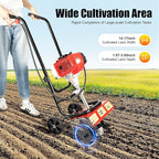 Gas Powered Tiller Cultivator 52cc 2 Stroke Gas Garden Tiller with Hand-Pull Recoil and 1.9KW 6500-7000RPM Gasoline Engine, for Plowing/Tilling/Furrowing