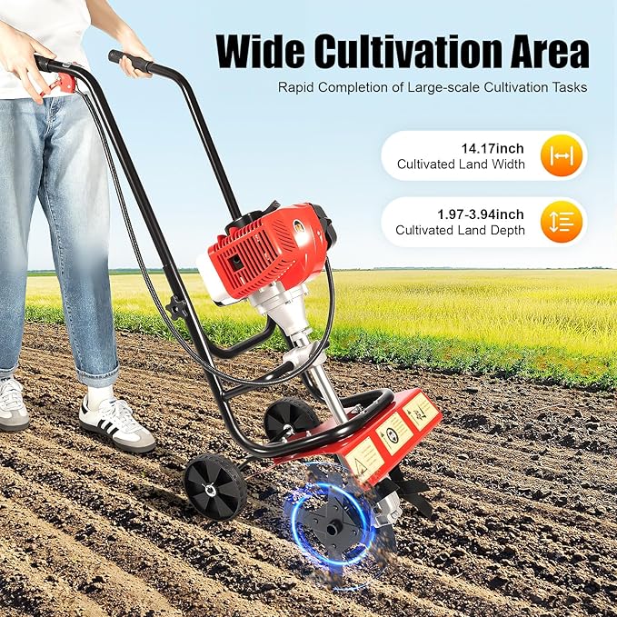 Gas Power Tiller Cultivator 52CC 2 Stroke, Gasoline Powered Garden Farmyard Tiller Air-Cooled Single Cylinder Gasoline Engine Tilling Tool, for Lawn, Field and Home
