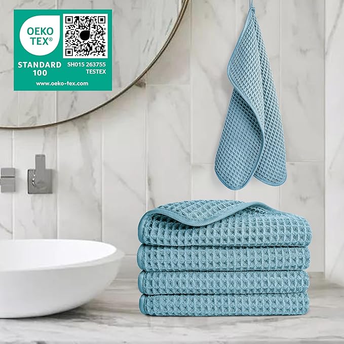 POLYTE Microfiber Lint Free Washcloth Face Towel, 13 x 13 in, 4 Pack (Waffle Weave)