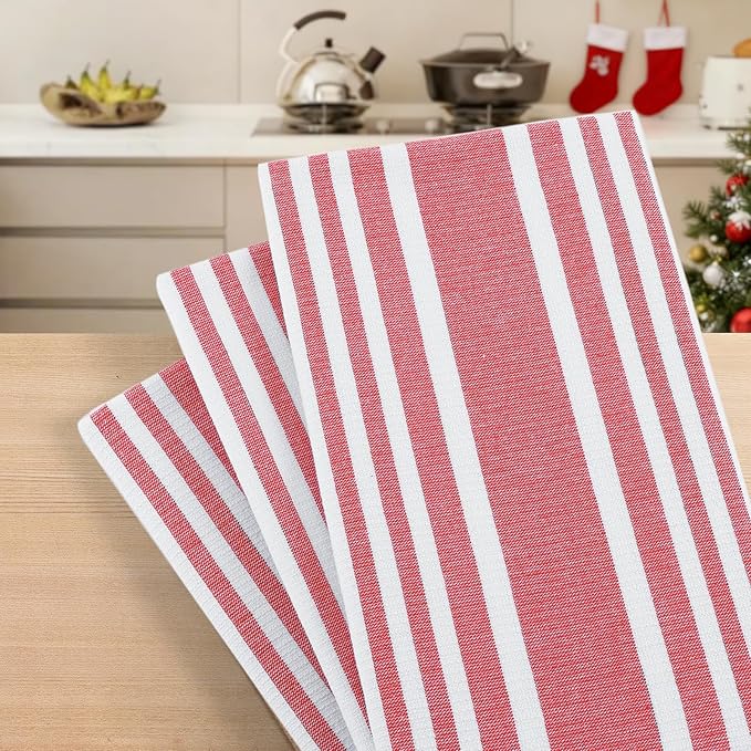 Homaxy Premium Kitchen Towels 18”x 28”, Large Cotton 380 GSM Kitchen Hand Towels, Stripe and Terry Dish Towel, Highly Absorbent Tea Towel Set with Hanging Loop, 8 Pack, Red