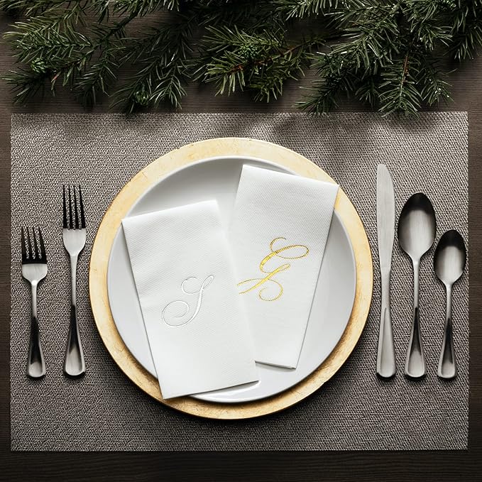AMERICAN HOMESTEAD Disposable Hand Towels - Silver Foil Monogrammed Guest Napkins - Linen-Like Bathroom Paper Towels for Guests - Perfect Wedding and Party Napkins - 50 Count (Silver N)