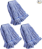 String Mop Heads Replacement Heavy Duty Commercial Grade Blue Cotton Looped End Wet Industrial Cleaning Mop Head Refills (3, Large)