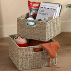 HOONEX Wicker Storage Baskets for Organizing, Decorative Woven Seagrass Baskets for Storage with Carrying Handles, Set of 2, Natural