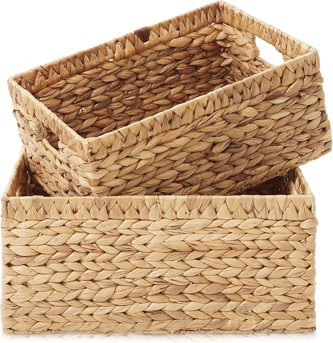 Casafield Set of 2 Water Hyacinth Storage Baskets with Handles - 1-Jumbo, 1-Large Woven Organizers for Bathroom, Laundry, Pantry, Office, Shelves