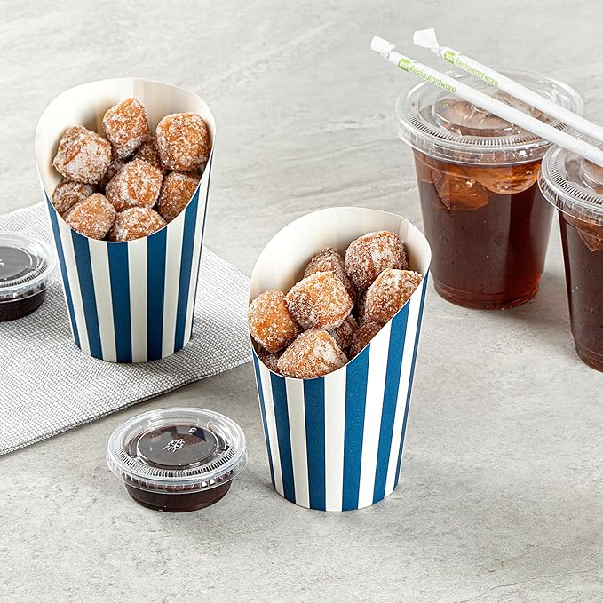 Restaurantware Bio Tek 12 Ounce French Fry Containers 100 Disposable Charcuterie Cups - Incline Design Round Striped Paper French Fry Cups Stackable For Waffles Chips or Popcorn