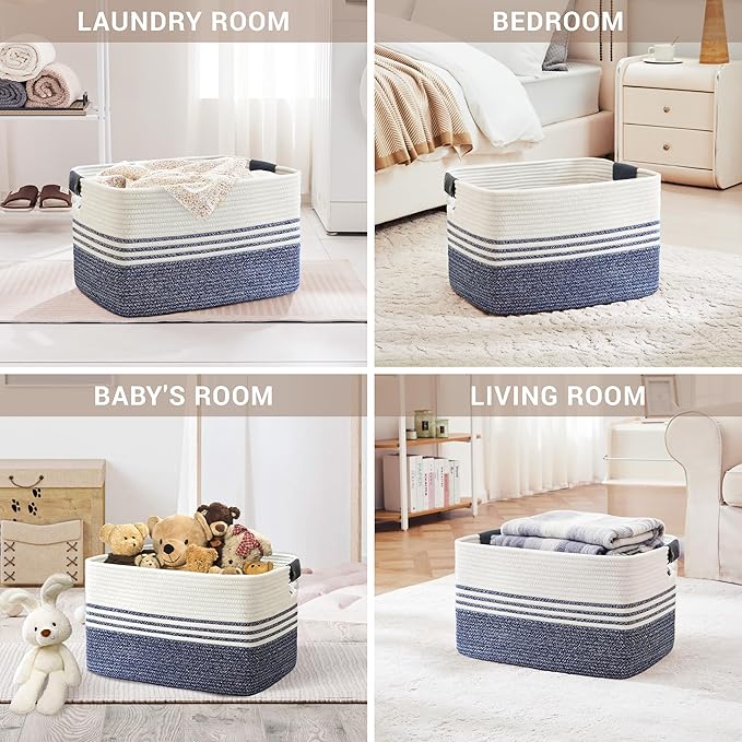 72L Large Laundry Basket with Leather Handles for Living Room Storage, Woven Rope Baskets Bin for Blanket, Kids Toy, Gifts, Wicker Hamper for Bedroom Dirty Clothes, 22"x17"x12" Denim Blue