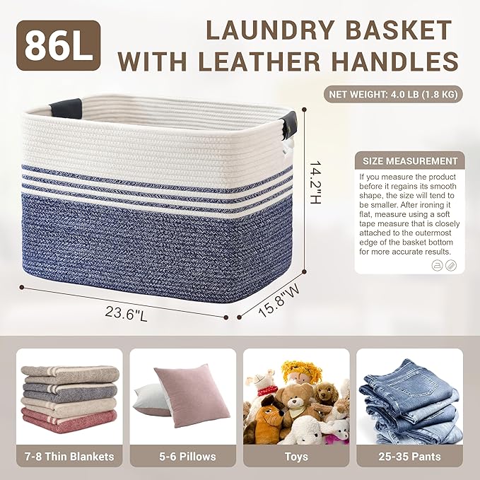 86L Extra Large Laundry Basket with Leather Handles for Living Room Storage, Woven Rope Baskets for Blanket, Kids Toy, Gifts, Wicker Hamper for Bedroom Dirty Clothes, 24"x16"x14" Denim Blue