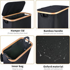 iEGrow 60L Slim Laundry Hamper, Narrow Laundry Basket with Lid,Foldable Clothes Hamper with Bamboo Handles,Hamper Basket with Removable Inner Bag for Laundry Room Bedroom College Dorm,Black