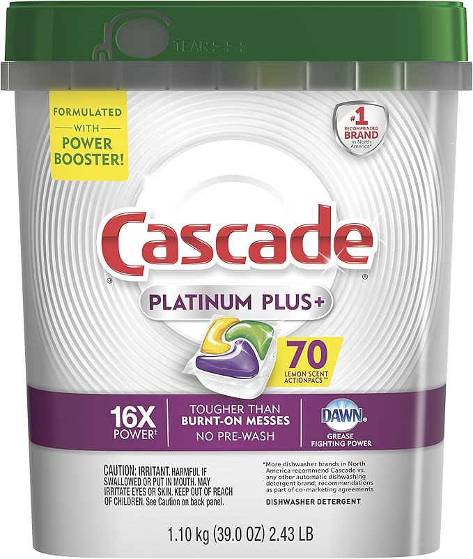 Cascade Platinum Dishwasher Pods, ActionPacs Dishwasher Detergent with Dishwasher Cleaner Action, Lemon Platinum Plus, 70 Count