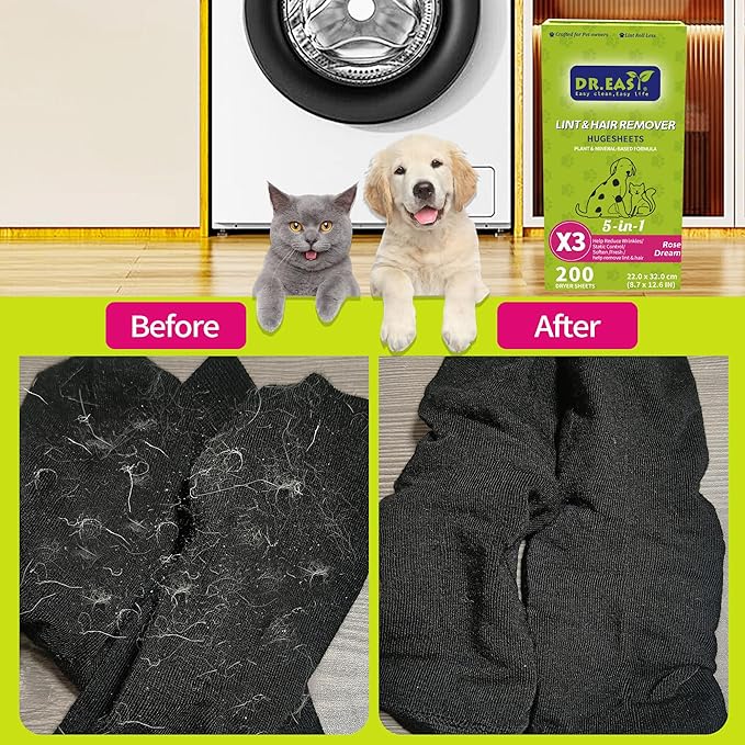 r.Easy LINT & HAIR REMOVER Pet HUGESHEETS with 3X Dryer Sheets, Rose Dream, 200 Count,PLANT&MINERAL-BASED FORMULA