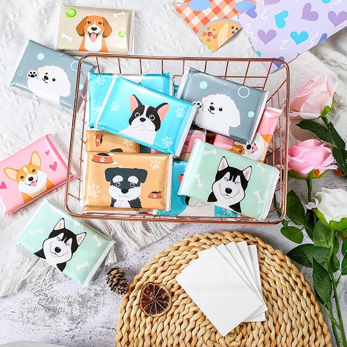 24 Packs Travel Size Tissue Pocket Slim Pack Facial 3 Ply Wallet Size Pocket Tissues for Travel Wedding Party Favors, 6 Styles(Dog)