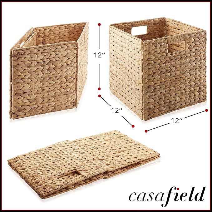Casafield 12" x 12" Water Hyacinth Storage Baskets, Natural - Set of 6 Collapsible Cube Organizers, Woven Bins for Bathroom, Bedroom, Laundry, Pantry, Shelves