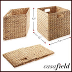 Casafield 12" x 12" Water Hyacinth Storage Baskets, Natural - Set of 4 Collapsible Cube Organizers, Woven Bins for Bathroom, Bedroom, Laundry, Pantry, Shelves