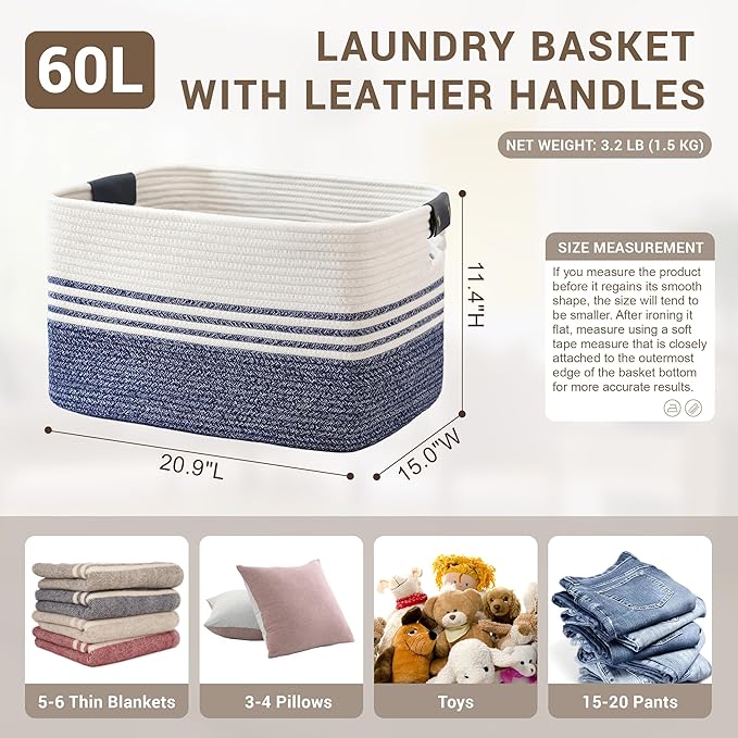 60L Large Laundry Basket with Leather Handles for Living Room Storage, Woven Rope Baskets Bin for Blanket, Kids Toy, Gifts, Wicker Hamper for Bedroom Dirty Clothes, 21"x15"x11" Denim Blue