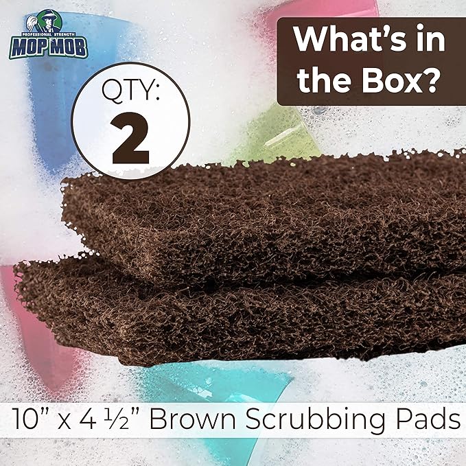 Heavy Duty XL Brown Scouring Pad 2 Pack. 10 x 4.5in Large Multipurpose Nylon Scrubbing Sponges. Clean Bathrooms, Kitchens, Counters and Floors to Erase Grime and Make Surfaces Sparkle