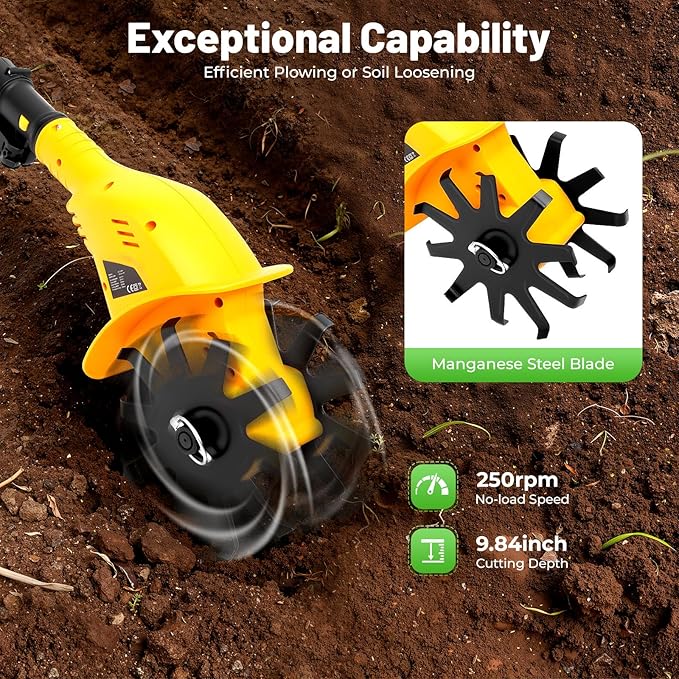 20V Cordless Tiller Cultivator,250RPM Handheld Electric Garden Tilling Tool with Extendable Pole, Mini Portable Rechargeable Battery Powered Tiller Rototillers for Gardening Farm Soil Cultivation