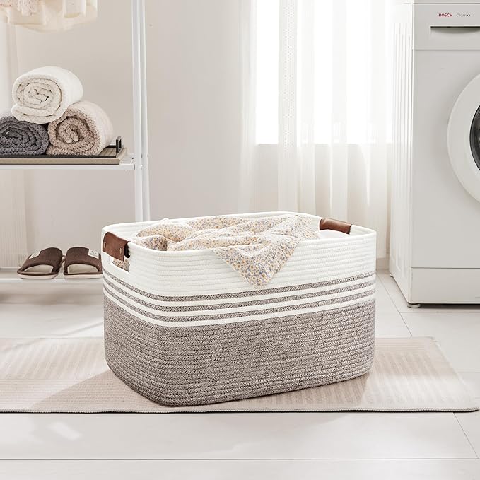 72L Large Laundry Basket with Leather Handles for Living Room Storage, Woven Rope Baskets Bin for Blanket, Kids Toy, Gifts, Wicker Hamper for Bedroom Dirty Clothes, 22"x17"x12" Dark Brown