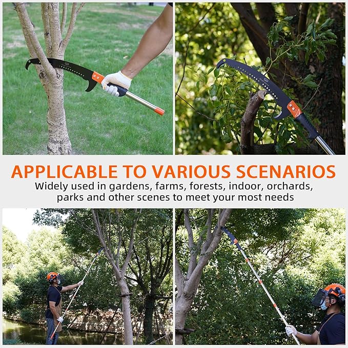 Manual Pole Saw for Tree Trimming, 14 FT Pruning Saw with 6-Section Stainless Steel Handle, Sharp steel Blade, Easy to Carry and Lightweight Extendable Design for Garden & Tree Maintenance