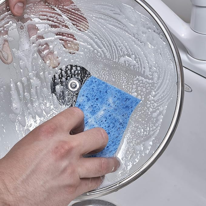 Superio Non-Scratch Cellulose Sponge Kitchen Scrub Sponges with Scouring Pad Set, Good for Non-Stick Cookware Frying Pan, Pot, Counter Top, Sink Scrubbing, Kitchen Scrubbers, Pack of 3, Blue