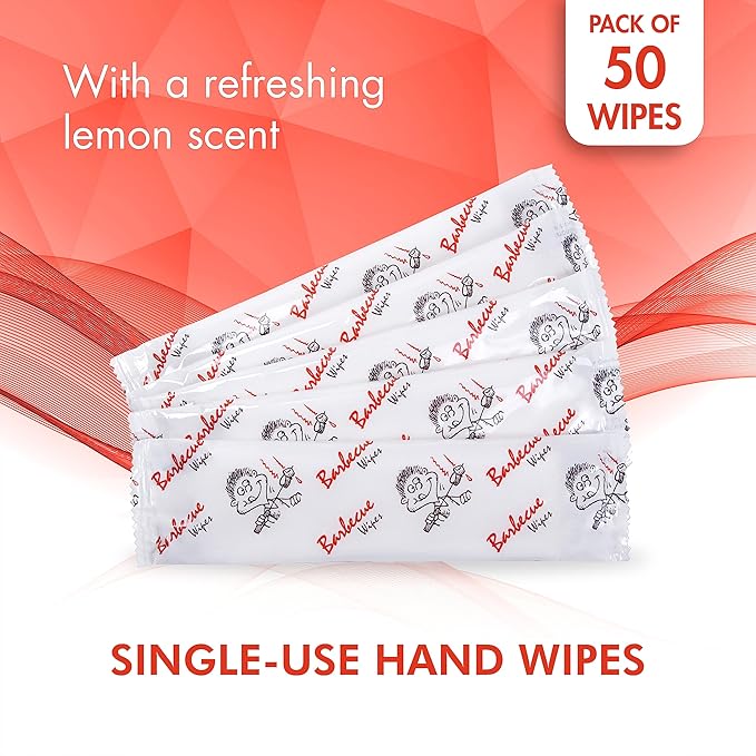 Diamond Wipes Pre-moistened Hand Wipes - “BBQ and Grill” Logo 10x8” Extra Thick Pack of 50 Individually Wrapped Wet Wipes For Cookouts, BBQs, Catering