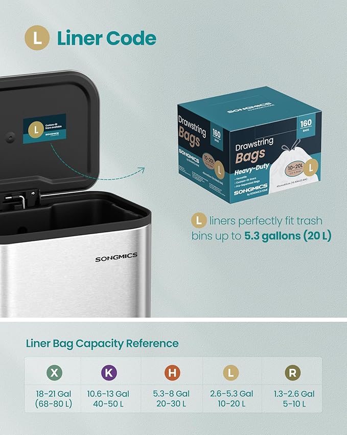 SONGMICS Trash Bags for 5.3 Gallon (20 L) Trash Cans, Drawstring Kitchen Garbage Bags, Pre-Separated, Quick-Dispense Box, Liner Code L, 4 Rolls, 160 Count, White UKRB021A04