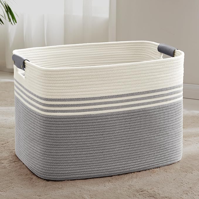 100L Extra Large Laundry Basket with Leather Handles for Living Room Storage, Woven Rope Baskets for Blanket, Kids Toy, Gifts, Wicker Hamper for Bedroom Dirty Clothes, 24"x16"x16" White Grey
