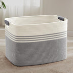 100L Extra Large Laundry Basket with Leather Handles for Living Room Storage, Woven Rope Baskets for Blanket, Kids Toy, Gifts, Wicker Hamper for Bedroom Dirty Clothes, 24"x16"x16" White Grey