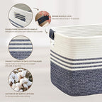 45L Small Laundry Basket with Leather Handles for Living Room Storage, Woven Rope Baskets Bin for Blanket, Kids Toy, Gifts, Wicker Hamper for Bedroom Dirty Clothes, 18"x14"x11" Denim Blue