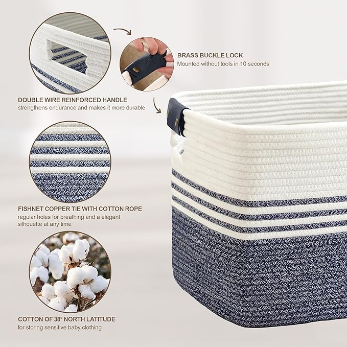 72L Large Laundry Basket with Leather Handles for Living Room Storage, Woven Rope Baskets Bin for Blanket, Kids Toy, Gifts, Wicker Hamper for Bedroom Dirty Clothes, 22"x17"x12" Denim Blue