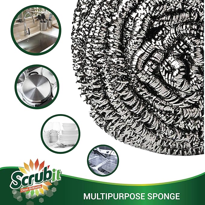12 Pack Stainless Steel Scourers by Scrub It – Steel Wool Scrubber Pad Used for Dishes, Pots, Pans, and Ovens. Easy scouring for Tough Kitchen Cleaning. (Large (50 gram))
