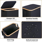 iEGrow 75L Slim Laundry Hamper, Narrow Laundry Basket with Lid,Foldable Clothes Hamper with Bamboo Handles,Hamper Basket with Removable Inner Bag for Laundry Room Bedroom College Dorm,19.8 Gals Black