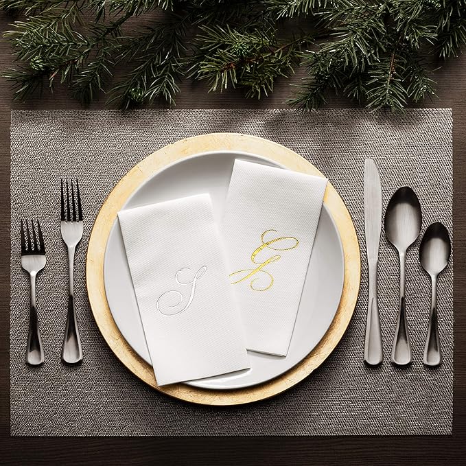 AMERICAN HOMESTEAD Disposable Hand Towels - Silver Foil Monogrammed Guest Napkins - Linen-Like Bathroom Paper Towels for Guests - Perfect Wedding and Party Napkins - 50 Count (Silver S)