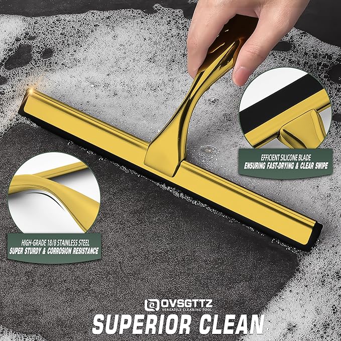 Stainless Steel Shower Squeegee for Glass Door with 3 Adhesive Hook, Glass Cleaning Squeegee for Bathroom & Household Window, Mirrors, Tiles and Car, Clear 10 Inches Golden