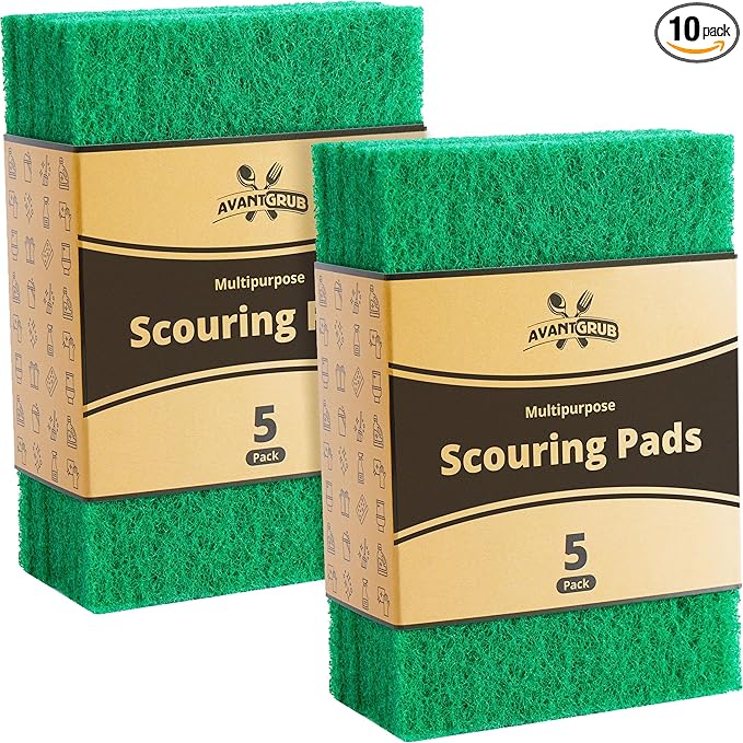 Green Sustainable 10 Pack Cleaning Scour Pads by Avant Grub. Powerful Stain Remover for Cookware. Easily Remove Grease and Residues. Eco-Friendly Solution for Kitchen Cleaning.