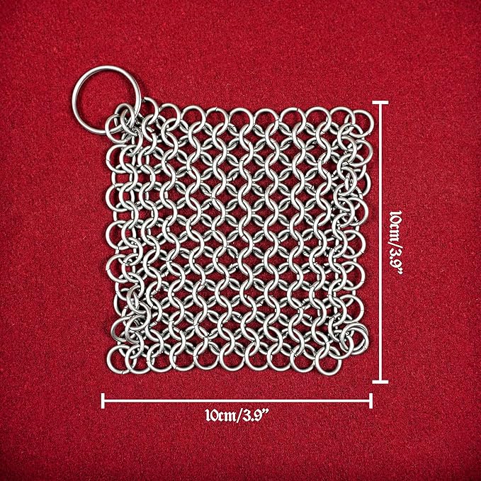 Mythrojan Cast Iron Scrubber 316 Stainless Steel Skillet Cleaner 3.9"x3.9" Chainmail Scrubber Chain Mail Scrub with Hanging Ring for Cast Iron Pre-Seasoned Pans, BBQ Grills Cookware Utensils Cleaning