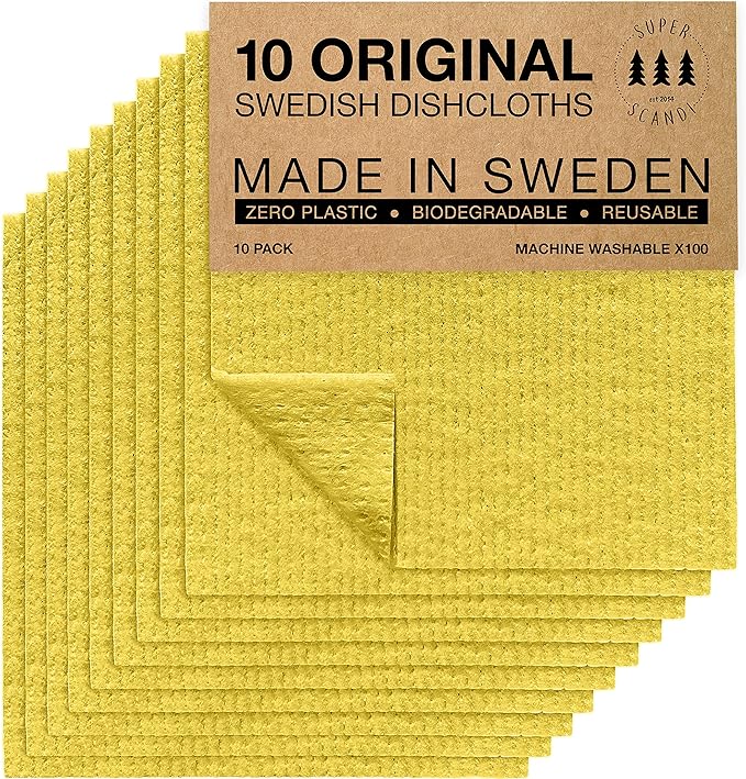 SUPERSCANDI 10 Pack Swedish Dishcloths for Kitchen - 100% Biodegradable & Compostable Reusable Paper Towels Washable, Food-Safe & Without Plastic - Dish Rags Suitable for Any Surface, Yellow
