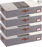 Yawinhe Under Bed Storage, 4 Pack Closet Organizers, Collapsible Container Bags, with Sorting Card Slot and 4 Leather Handles, for Blanket, Bedding, 23.6''Lx11.8''Wx6''H, Grey