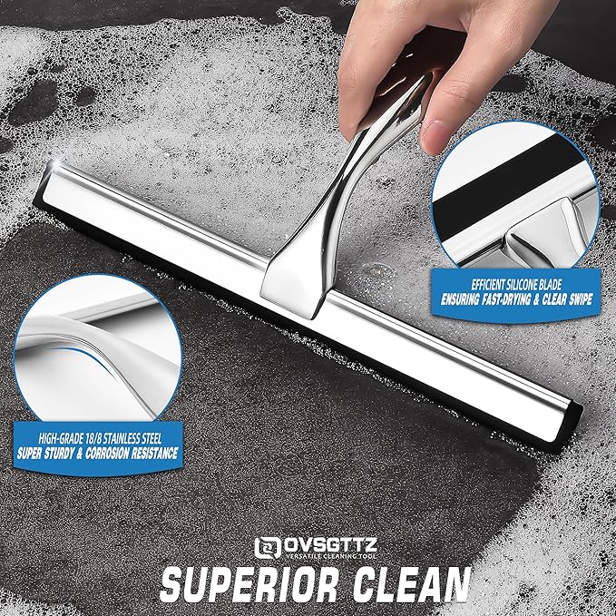 Shower Squeegee for Glass Door with 3 Adhesive Hook, Stainless Steel Glass Cleaning Squeegee for Bathroom & Household Window, Mirrors, Tiles and Car, 10 Inches, Clear, Silver