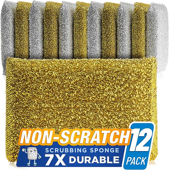 SPONGENATOR Kitchen Scrubbing Sponges - Heavy Duty Non-Scratch Scrubbing Cleaner Sponges in 2 Colors - Multi-Surface Non-Metal Dish Scouring Scrubbers for Fast Cleaning (Gold & Silver, 12)