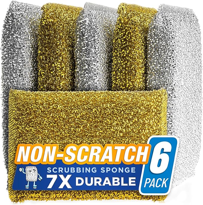 SPONGENATOR Kitchen Scrubbing Sponges - Heavy Duty Non-Scratch Scrubbing Cleaner Sponges in 2 Colors - Multi-Surface Non-Metal Dish Scouring Scrubbers for Fast Cleaning (Gold & Silver, 6)