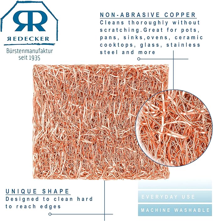 Redecker Copper Thread Mini Scrubber, 2 x 1-5/8 inches, Non-Abrasive Scouring Pad, Scrubber for Cleaning Small Areas, Surfaces, Edges, and Hard to Reach Corners, Made in Netherlands